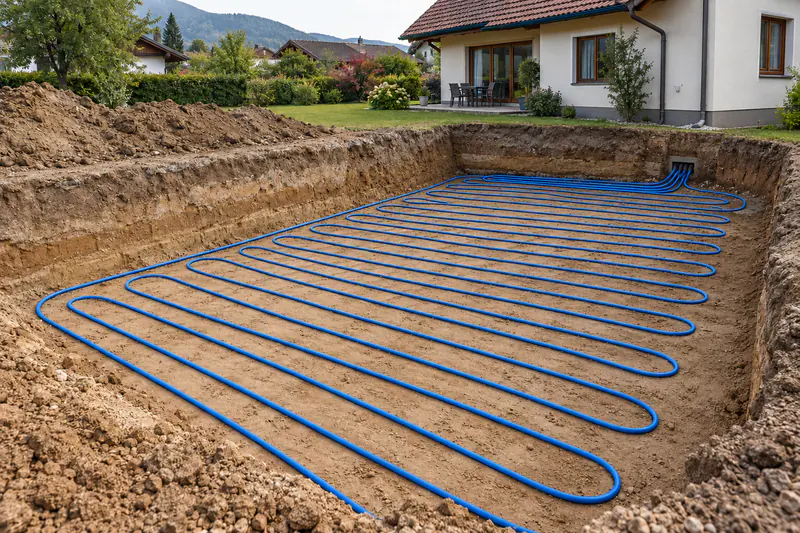 Erdkollektor mit Soleleitungen im offenen Garten vor dem Verfüllen