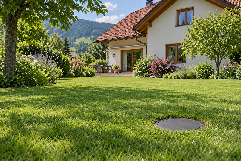 Garten nach der Erdwärmebohrung mit Sondenschacht für die Erdwärmepumpe