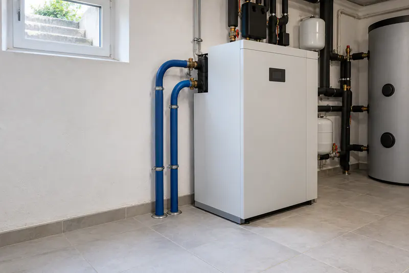 Sole-Wasser-Wärmepumpe im Keller mit gedämmten Soleleitungen und Heizungsanschlüssen